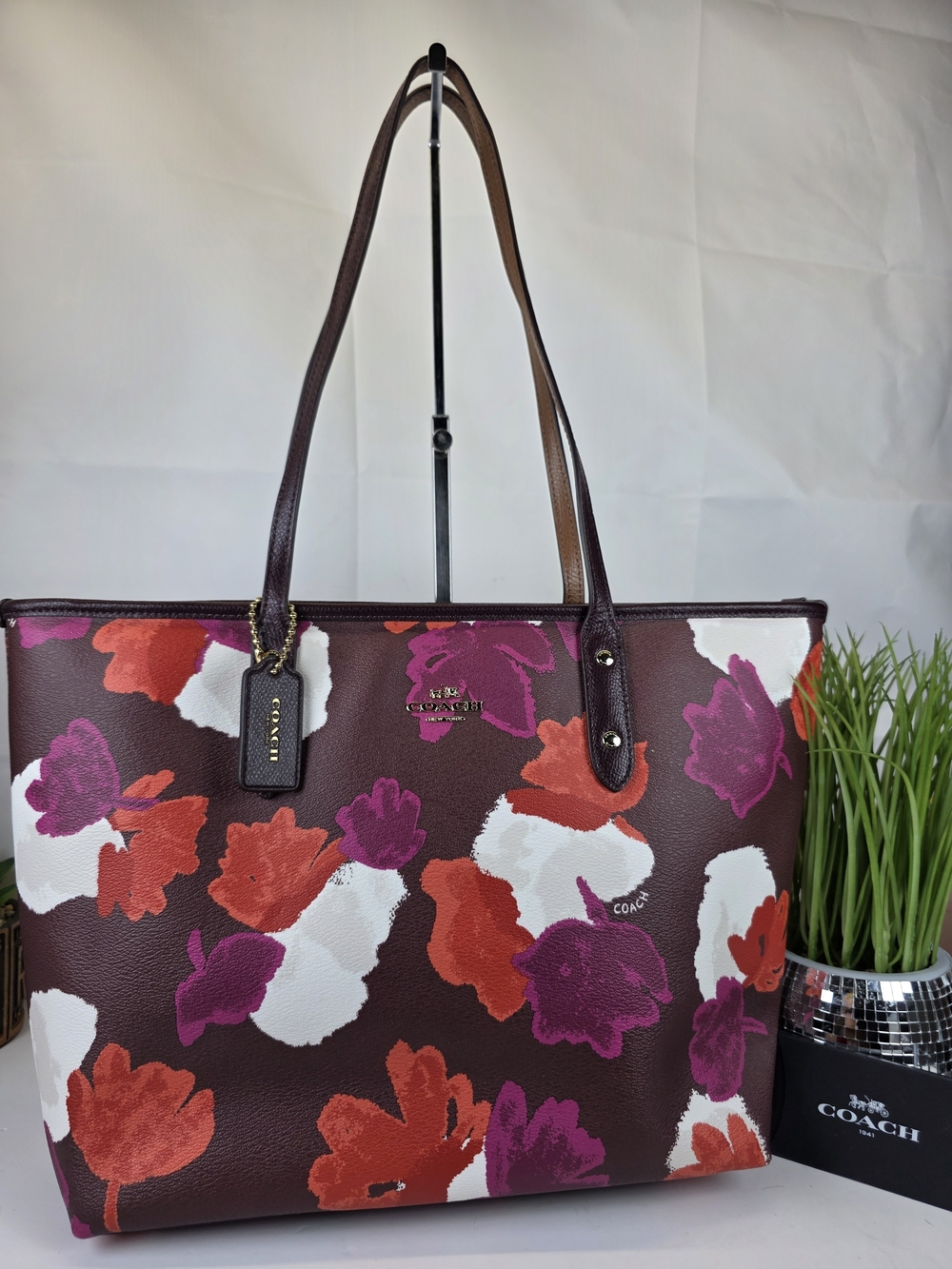 Coach Burgundy City Zip Field Floral Leather Tote Work Laptop School Bag